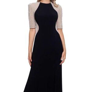 Xscape Black Nude Silver Crystal Beaded Gown